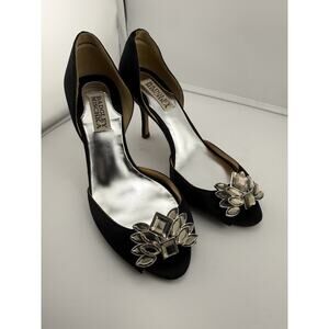 BADGLEY MISCHKA BLACK SATIN D’ORSAY OPEN TOE RHINESTONE EMBELLISHED HEELS Size 6